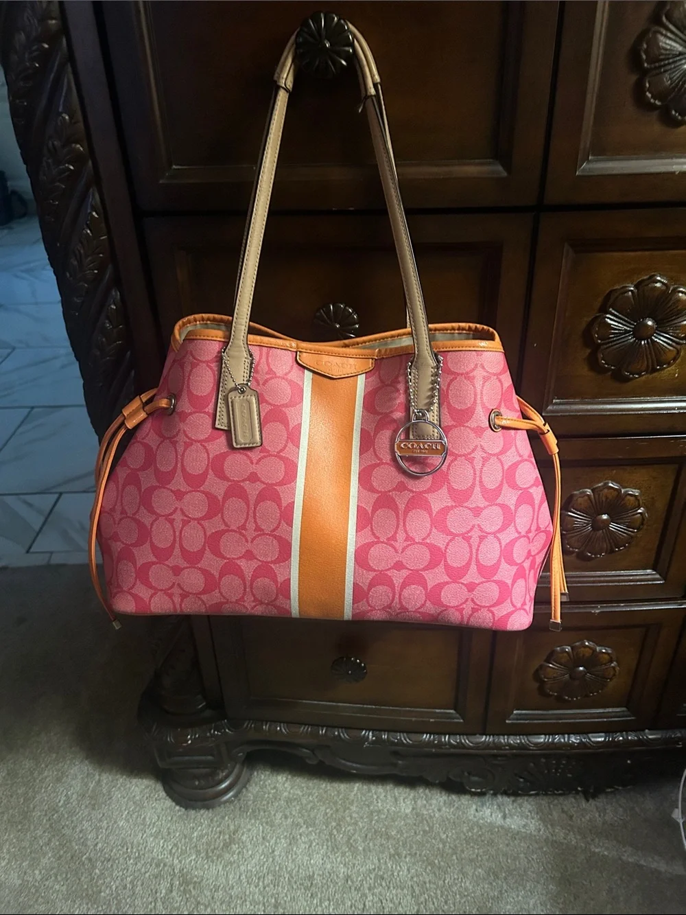 Coach Pink Signature Shoulder Tote with Orange Center Stripe and Tan Handles